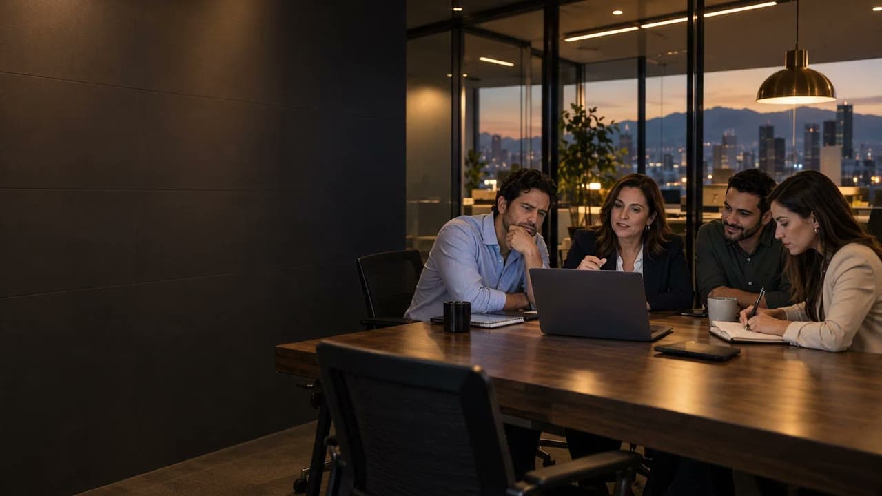 Una gerente de ventas repasa una llamada en la laptop con tres personas de su equipo.